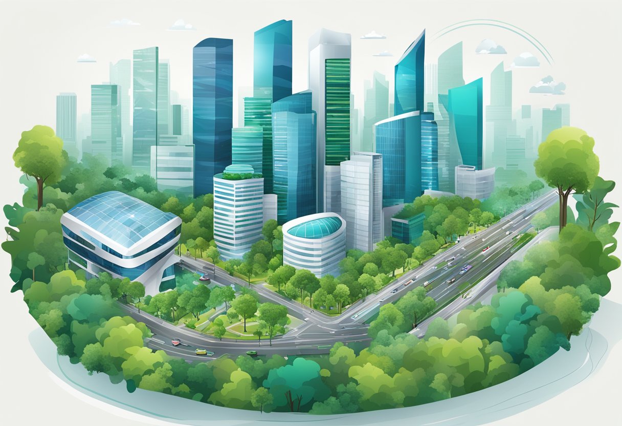 A bustling city skyline with a prominent corporate building labeled "BWL Singapore" surrounded by greenery and connected to the world through various global communication networks