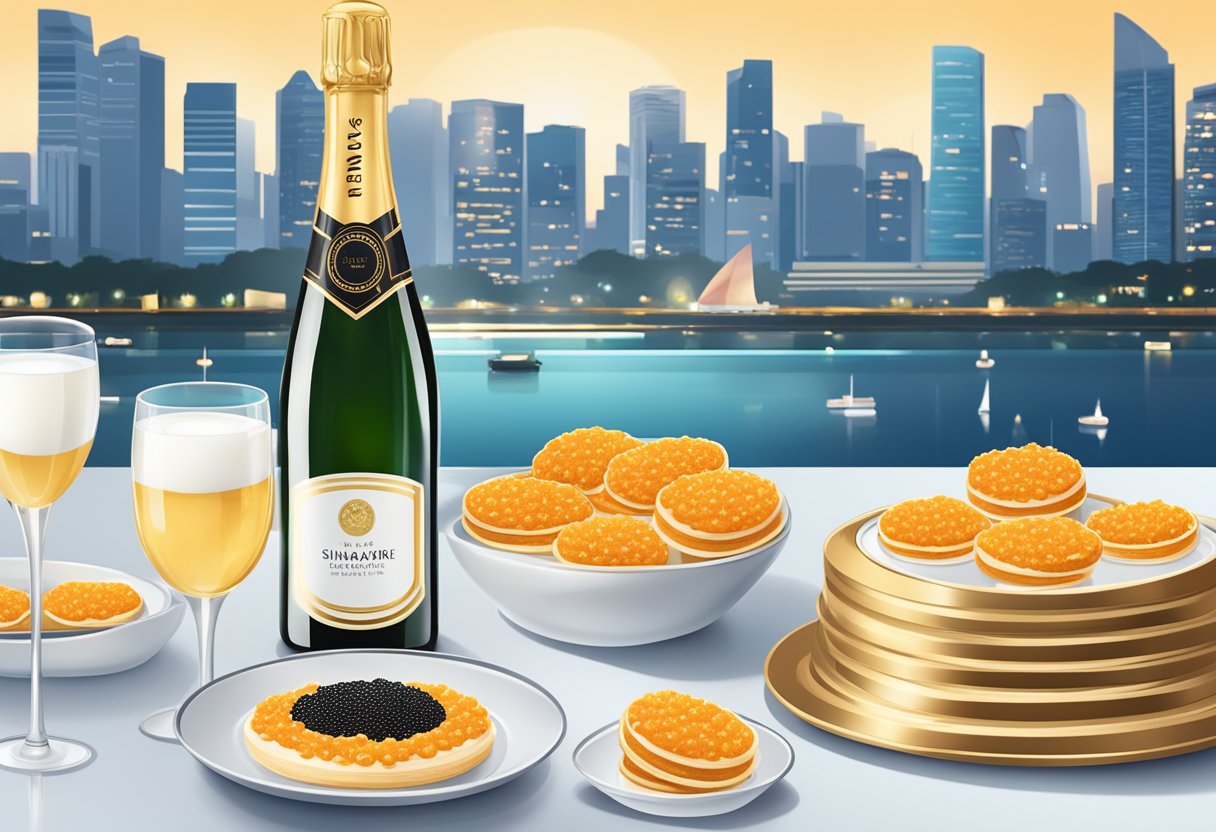 A table set with a spread of caviar tins, accompanied by blinis, sour cream, and champagne, against a backdrop of sleek, modern Singapore skyline