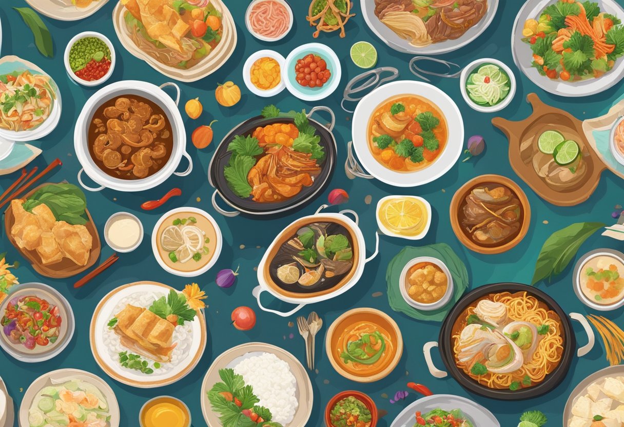 Colorful tables filled with traditional Singaporean dishes, surrounded by festive decorations and joyful laughter