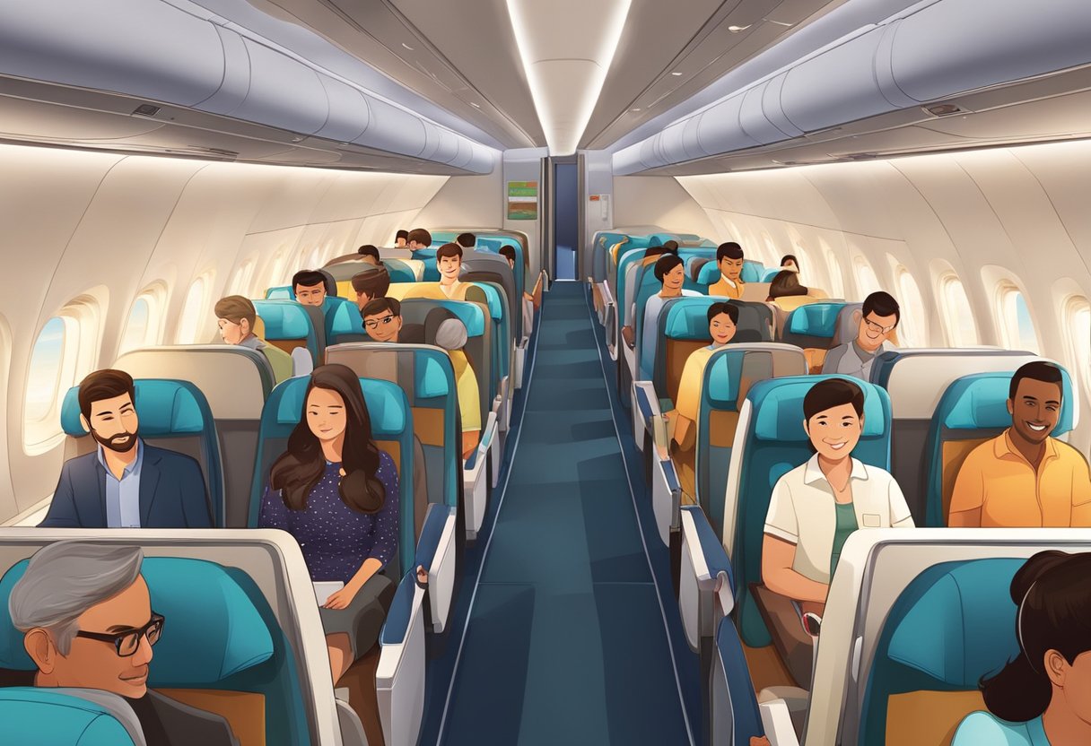 Passengers enjoying upgraded amenities on a flight from Singapore to Trichy, including spacious seating, personalized entertainment, and gourmet dining options