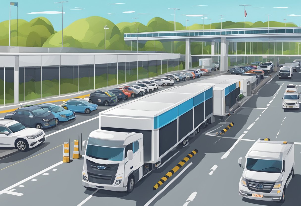 A busy border checkpoint connects Singapore and Malaysia for the Vaccinated Travel Lane, with vehicles lined up for inspection