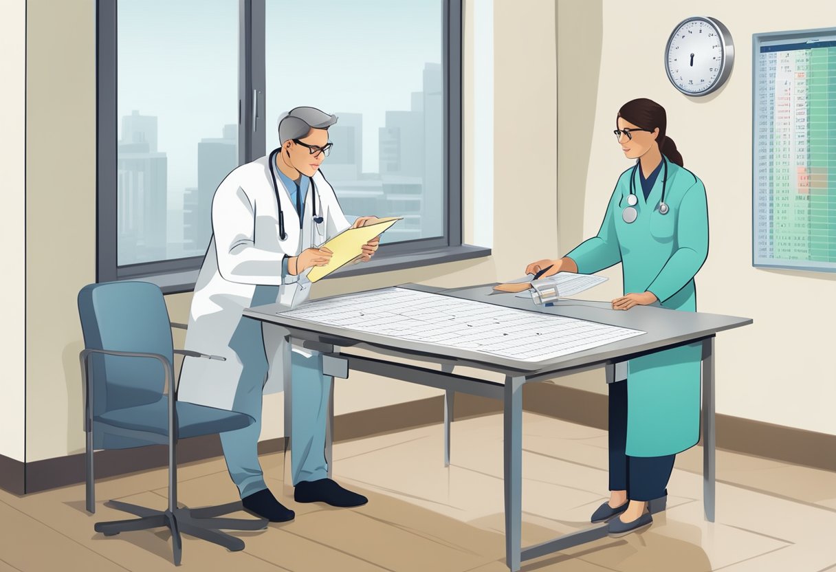 A doctor discussing BMI charts with a patient in a clinic, with a scale and measuring tape on the table