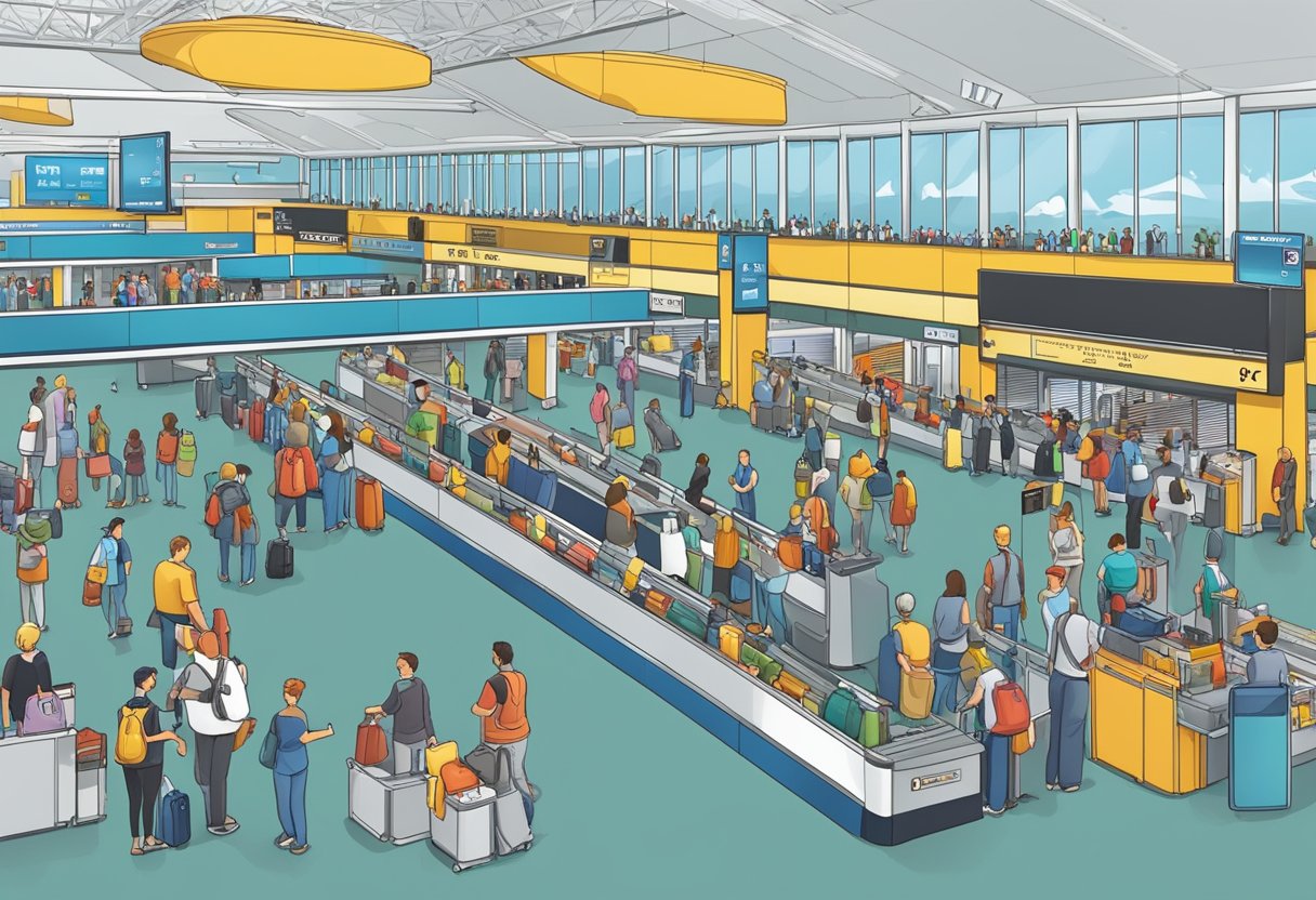 A bustling airport terminal with people in line at the ticket counters, luggage being loaded onto conveyor belts, and signs directing travelers to different gates