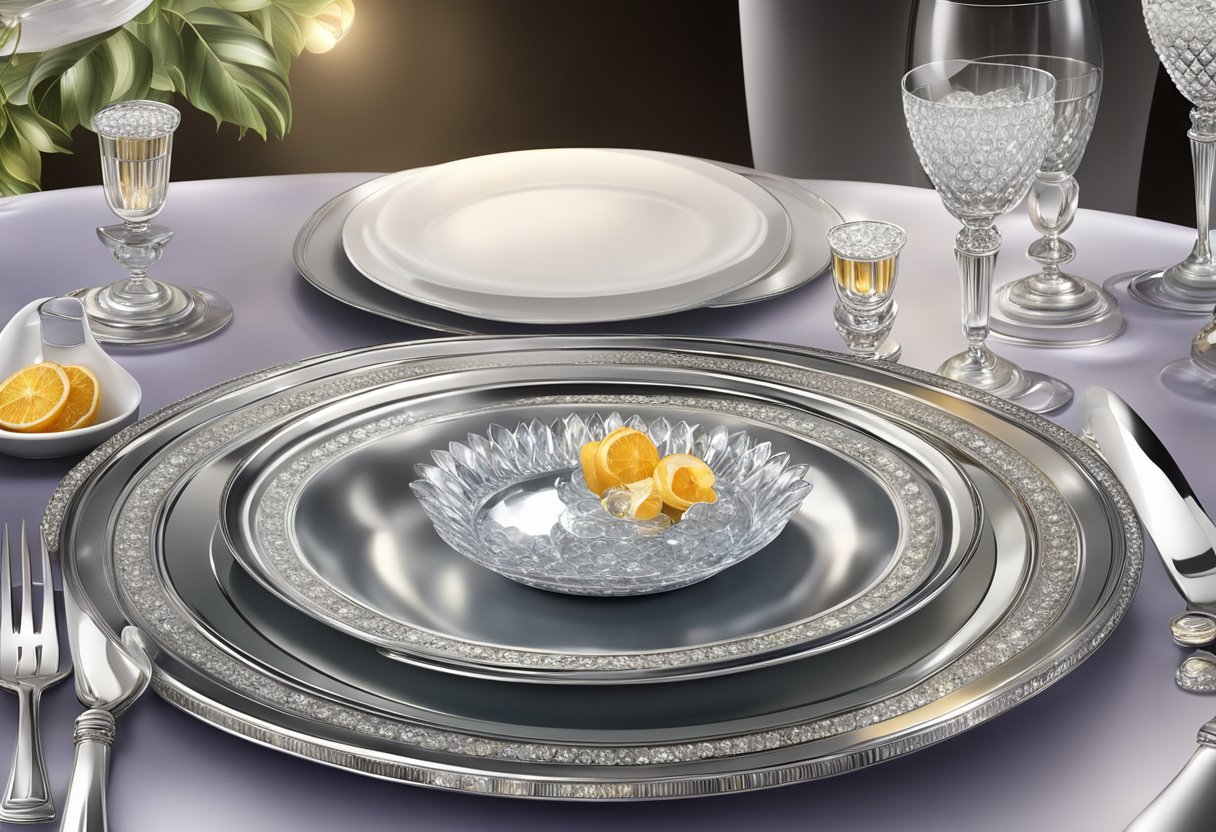 A luxurious table setting with a silver caviar tin, fine china, and crystal stemware, surrounded by elegant décor and ambient lighting