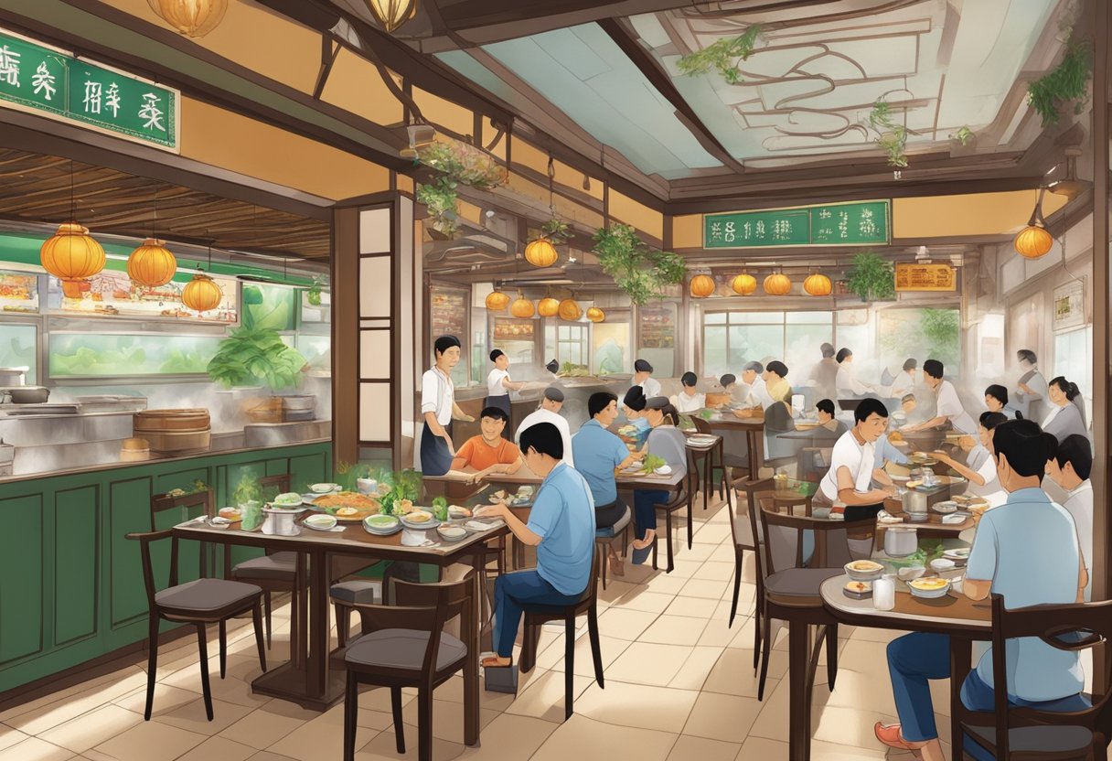 A bustling Teochew restaurant in Singapore, with traditional decor and steaming hot pots on every table. The aroma of fresh seafood and herbs fills the air