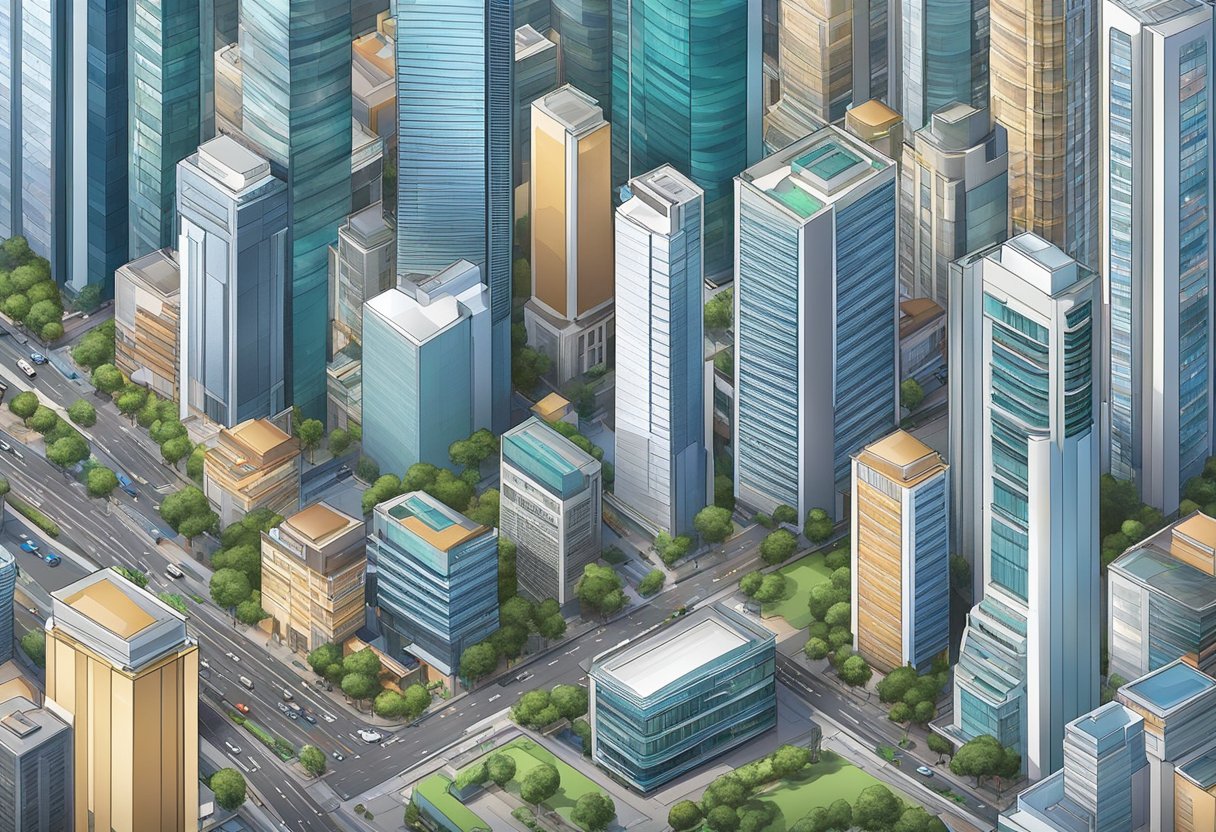 A bustling cityscape in Singapore, featuring modern skyscrapers and bustling streets filled with commercial properties and businesses