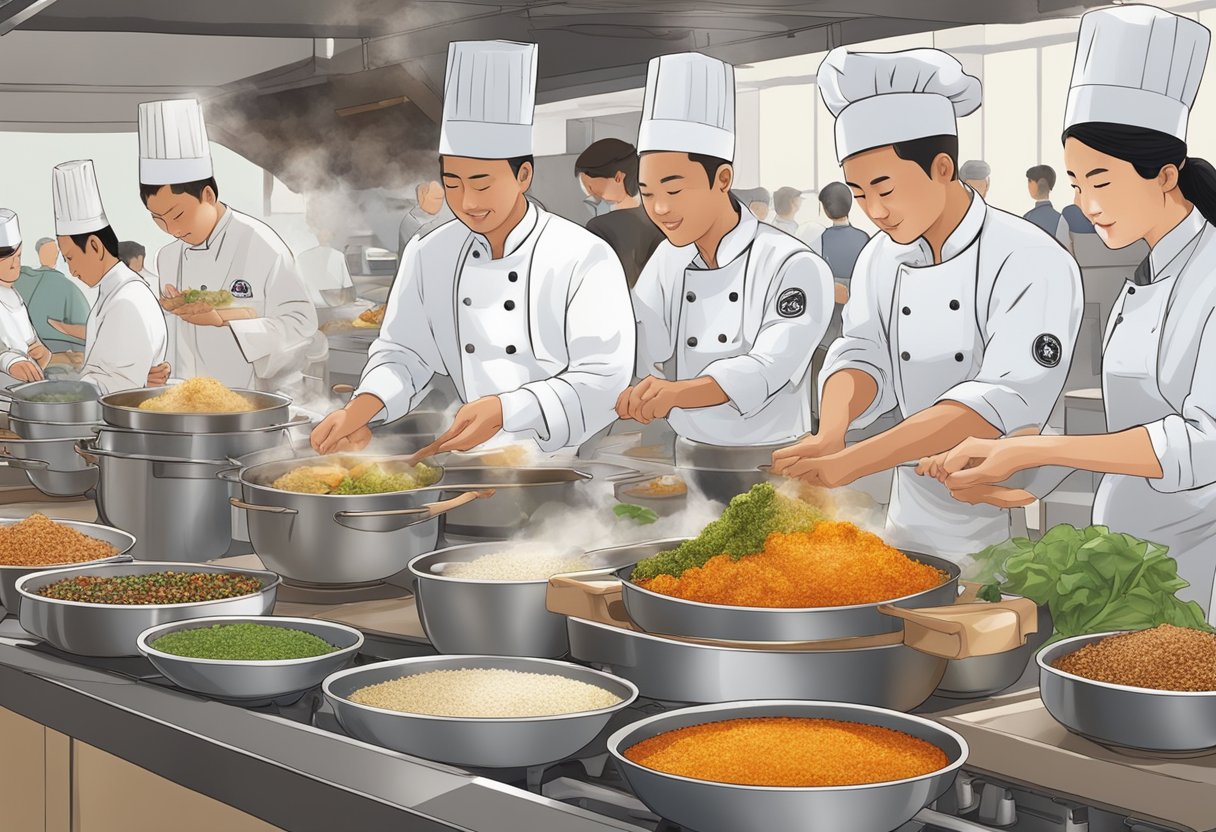 A chef demonstrates a traditional Singaporean dish in a bustling cooking class. Aromatic spices fill the air as students eagerly observe