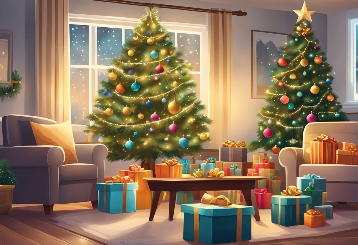 A cozy living room with a beautifully decorated Christmas tree surrounded by wrapped presents, twinkling lights, and festive ornaments