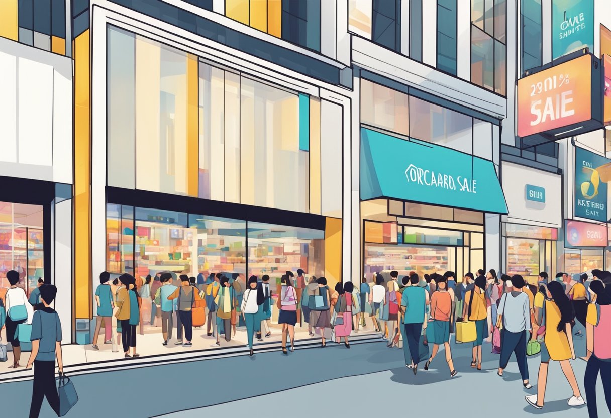 Crowds flock to Orchard Road, browsing through racks of discounted items. Bright sale signs adorn storefronts, creating a vibrant atmosphere