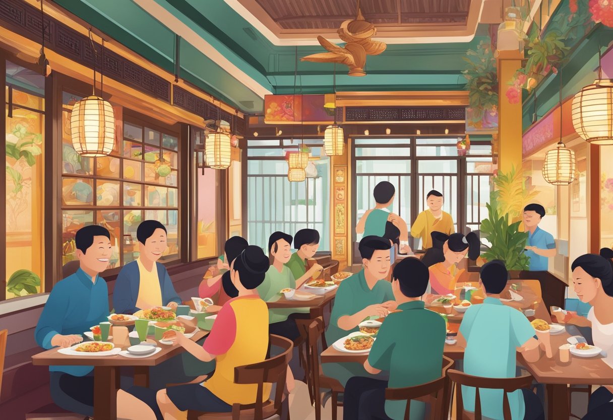 Customers savoring Teochew cuisine in a lively Singapore restaurant, with colorful dishes and traditional decor creating an inviting atmosphere