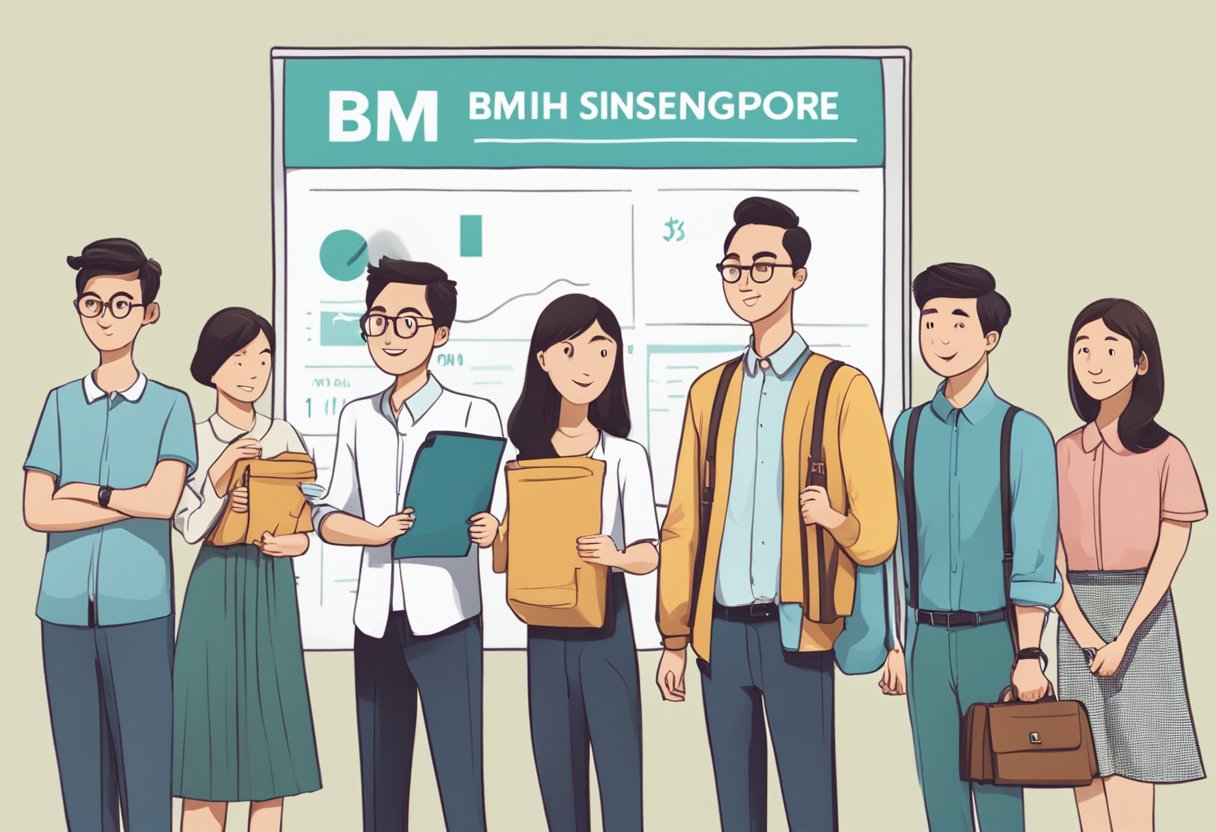 A group of people standing in front of a sign that reads "Frequently Asked Questions bmi singapore" with a curious expression on their faces