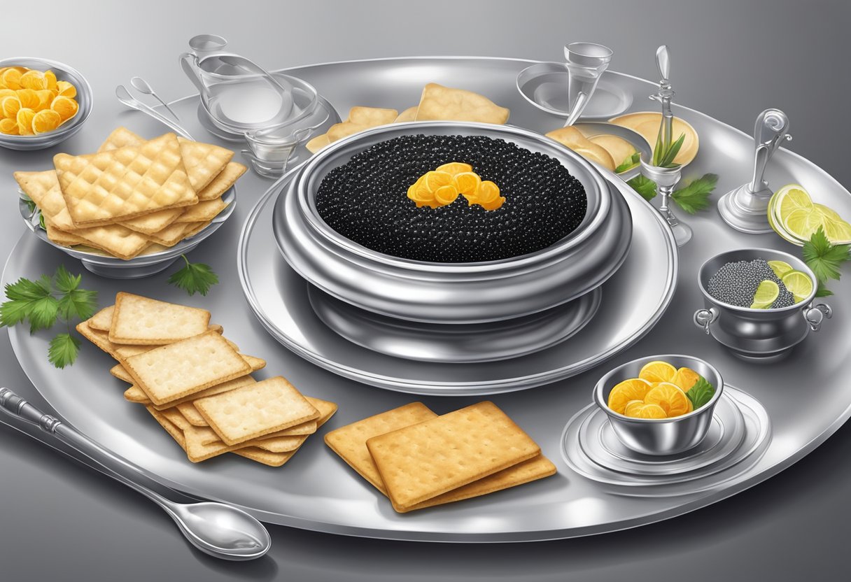 A silver platter of caviar surrounded by elegant serving utensils and accompanied by small dishes of garnishes and crackers