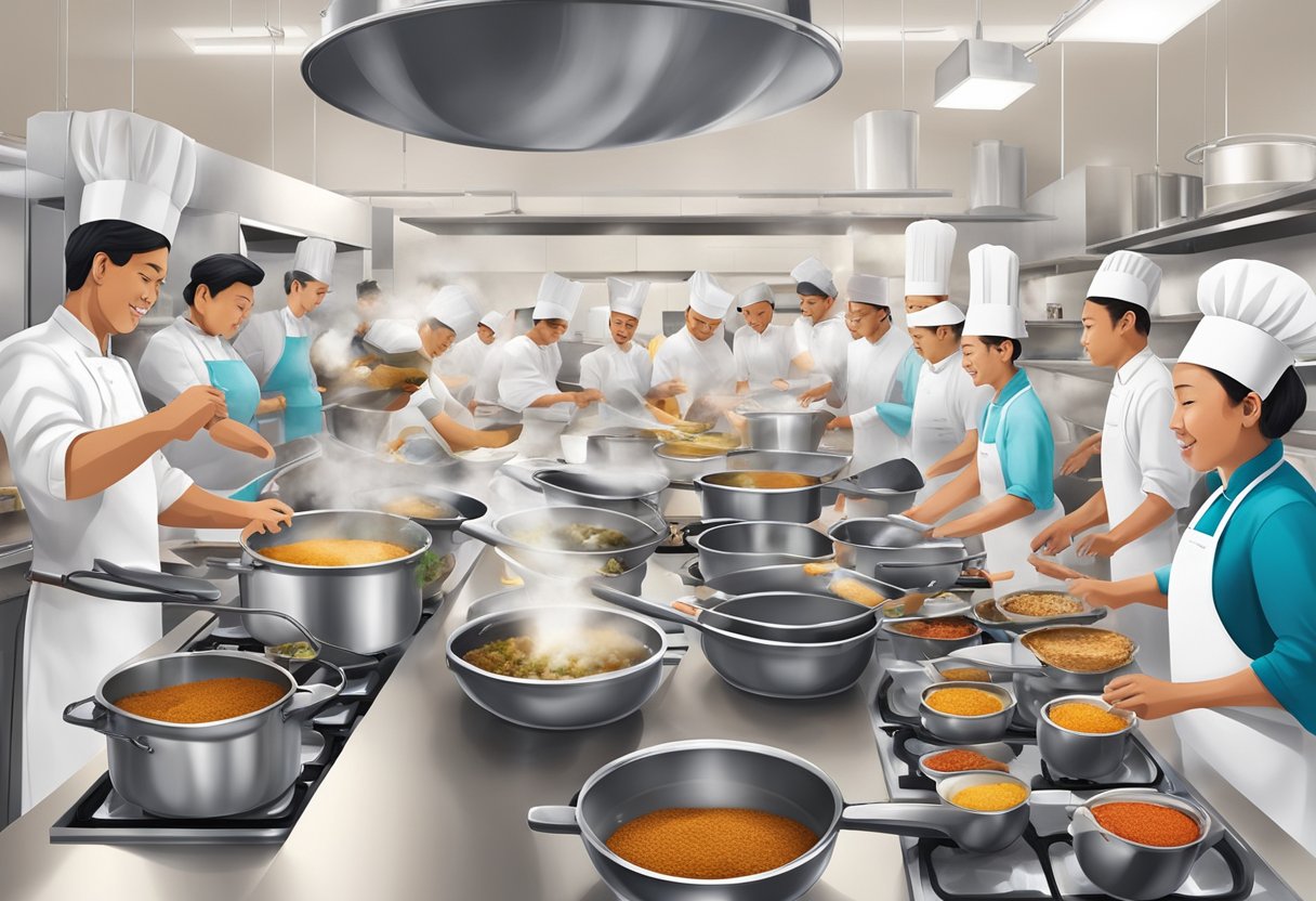 A bustling kitchen filled with chefs, pots and pans clanging, and aromatic spices wafting through the air as students eagerly learn new culinary techniques in a cooking class in Singapore