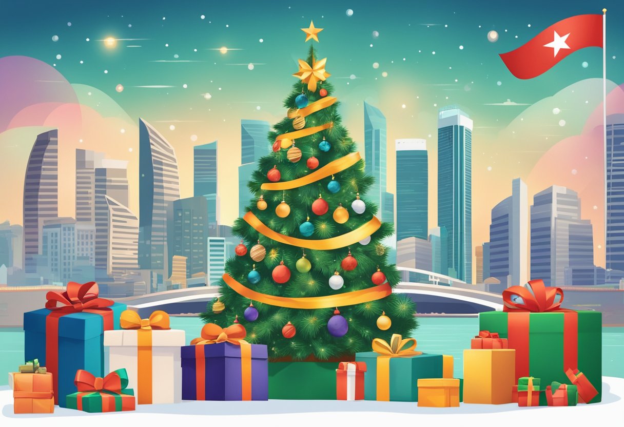 A festive Christmas tree surrounded by presents, with a backdrop of iconic Singapore landmarks and a banner reading "Frequently Asked Questions Christmas Ideas Singapore."