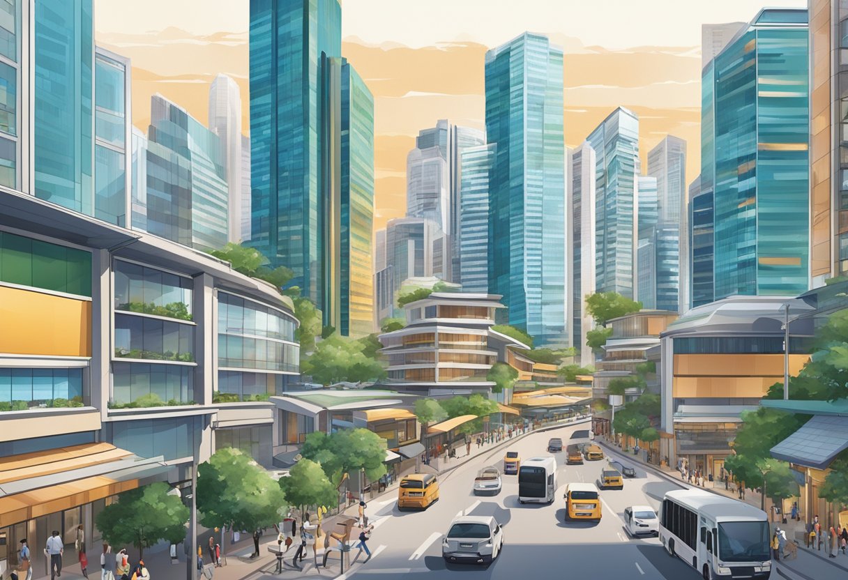 A bustling cityscape with modern skyscrapers and bustling streets, showcasing the vibrant commercial property scene in Singapore