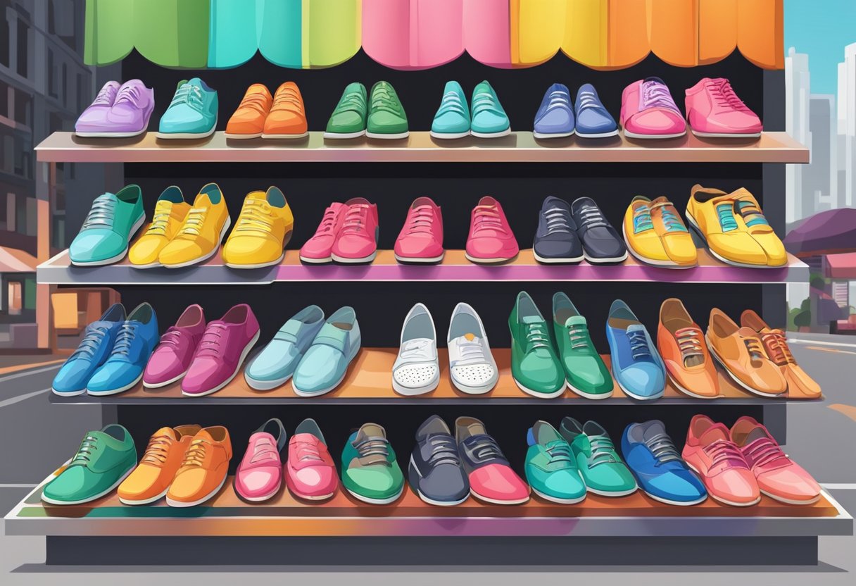 A pair of colorful shoes displayed on a vibrant street in Singapore. The shoes are arranged neatly on a clean, modern-looking display stand