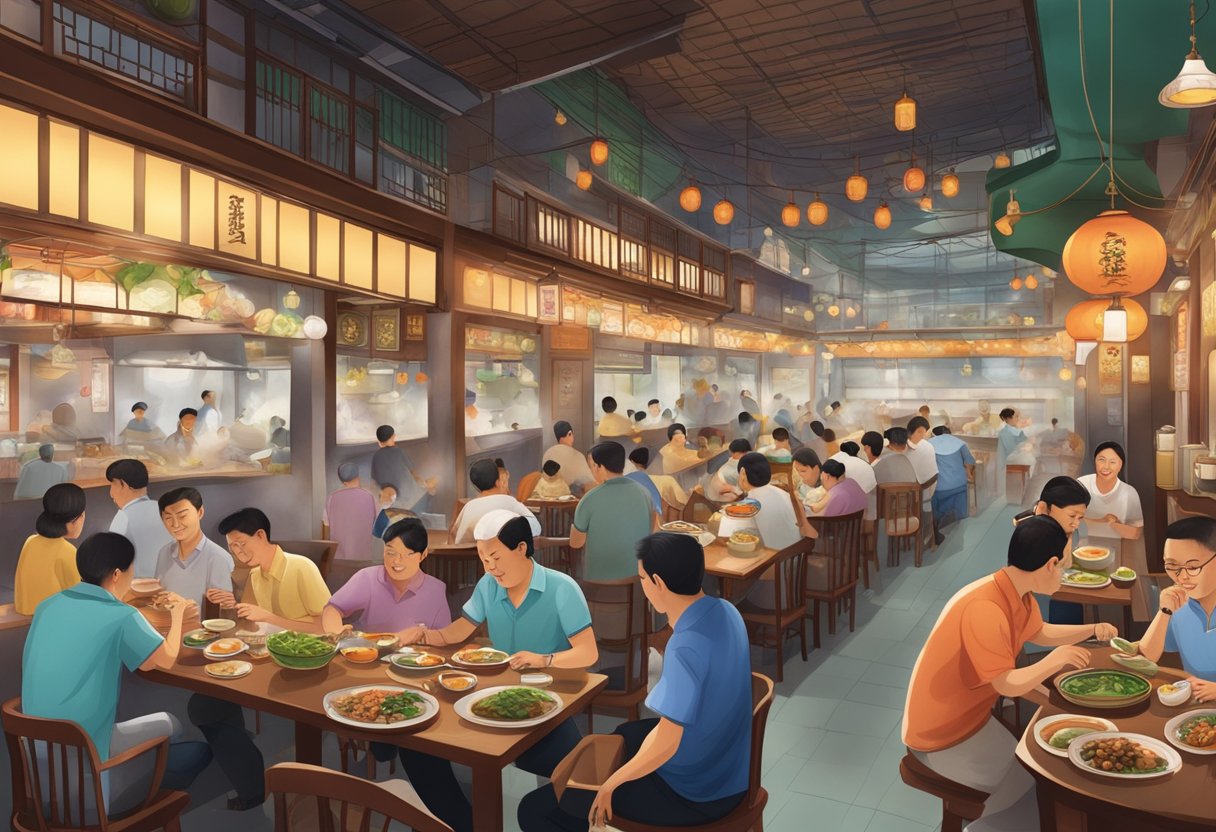 A bustling Teochew restaurant in Singapore, filled with traditional decor, steaming hot pots, and diners enjoying authentic Teochew cuisine