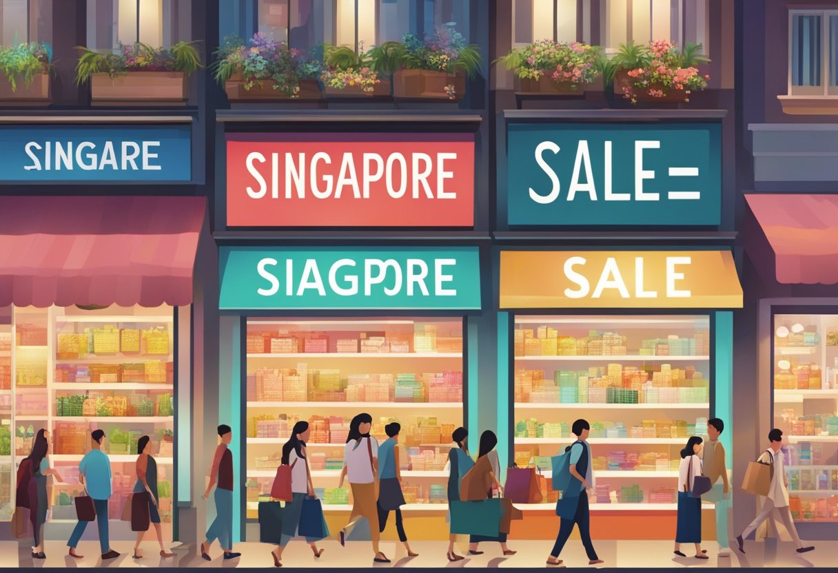 Brightly lit storefronts display "Singapore Sale" signs. Shoppers bustle through crowded streets, clutching bags filled with discounted goods