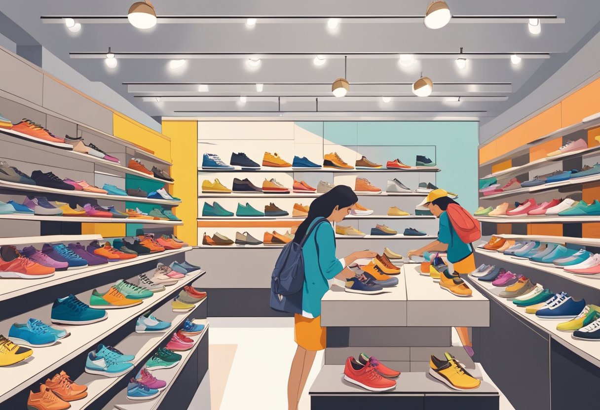 People exploring various shoe styles in a vibrant Singapore shoe store. Displays of trendy sneakers, elegant heels, and casual sandals catch the eye