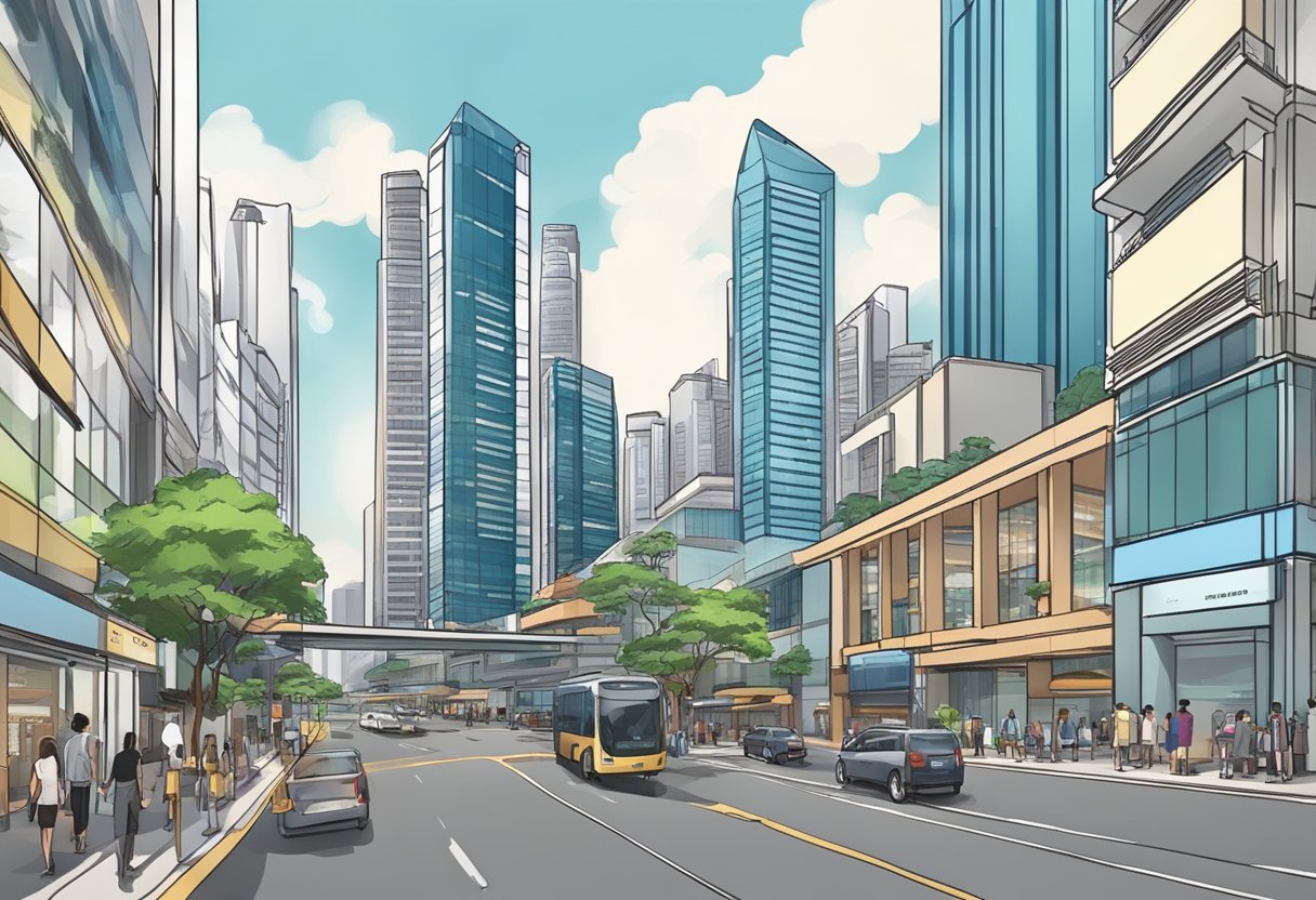 A bustling city street with modern skyscrapers and storefronts, showcasing the variety of commercial spaces available for buying and leasing in Singapore