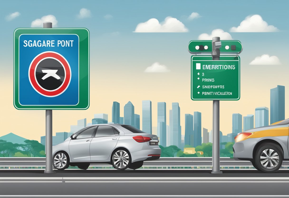 A traffic sign displaying "Demerit Points in Singapore" with a point system chart and a list of traffic violations