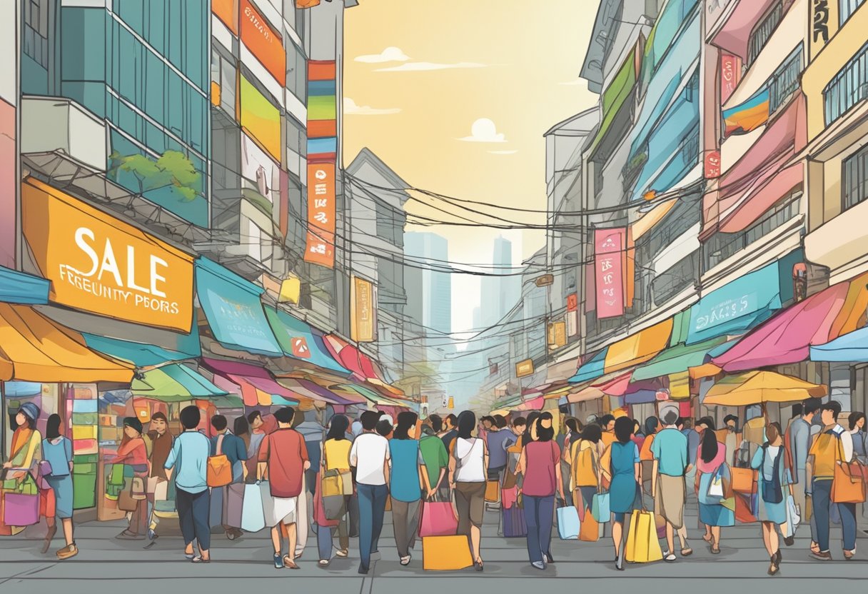 A bustling Singapore street lined with colorful banners advertising a "Frequently Asked Questions" sale, with eager shoppers browsing through discounted items