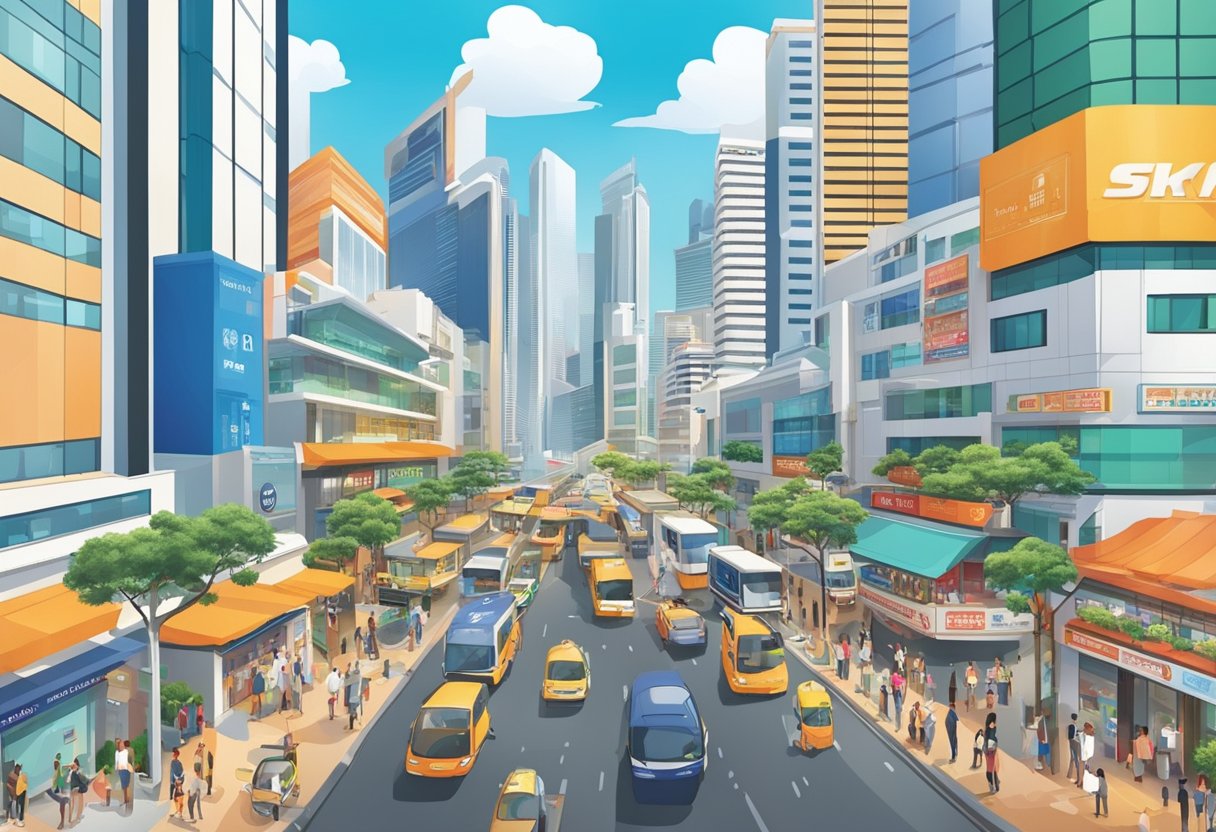 A bustling commercial street in Singapore with modern skyscrapers and vibrant signage, showcasing a variety of businesses and services