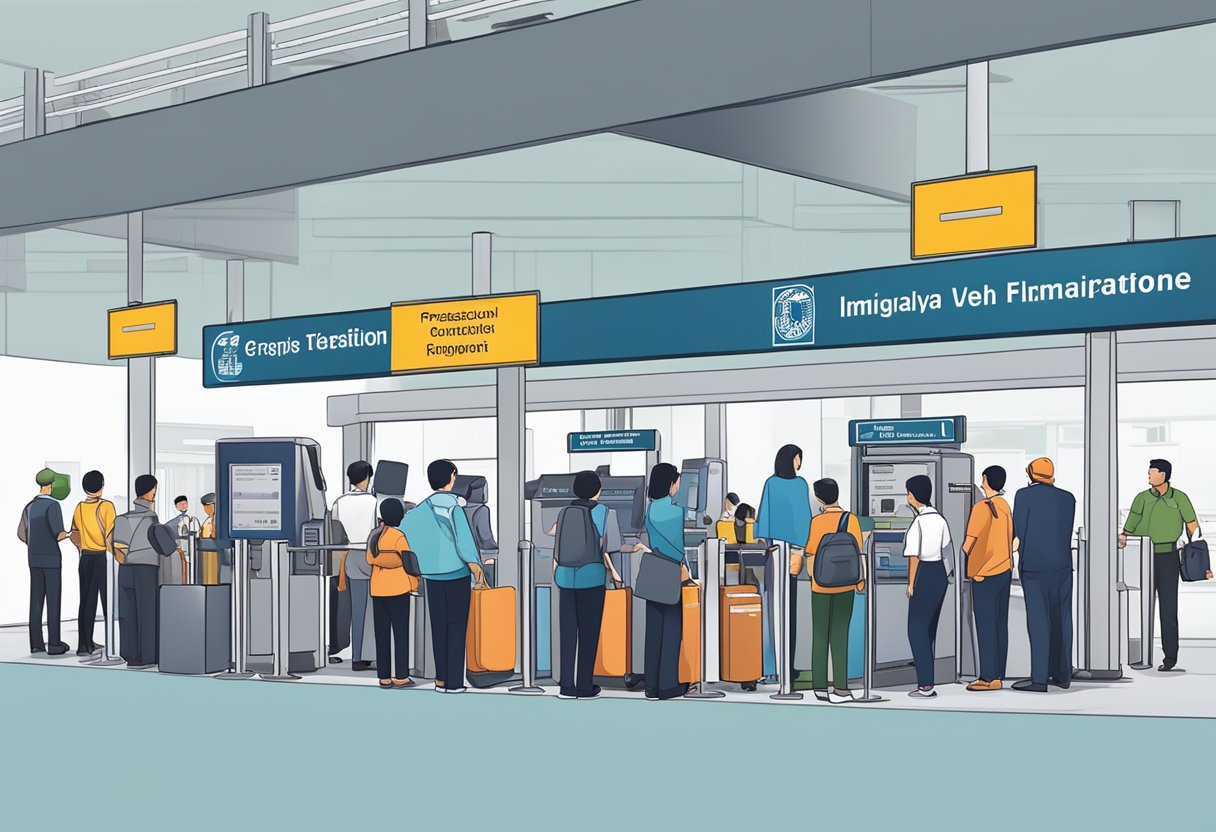 Passengers lining up at immigration checkpoint for the Singapore-Malaysia VTL, with signage and staff assisting