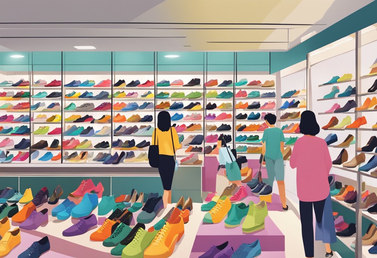 People browsing colorful shoes in a bustling Singapore shoe store