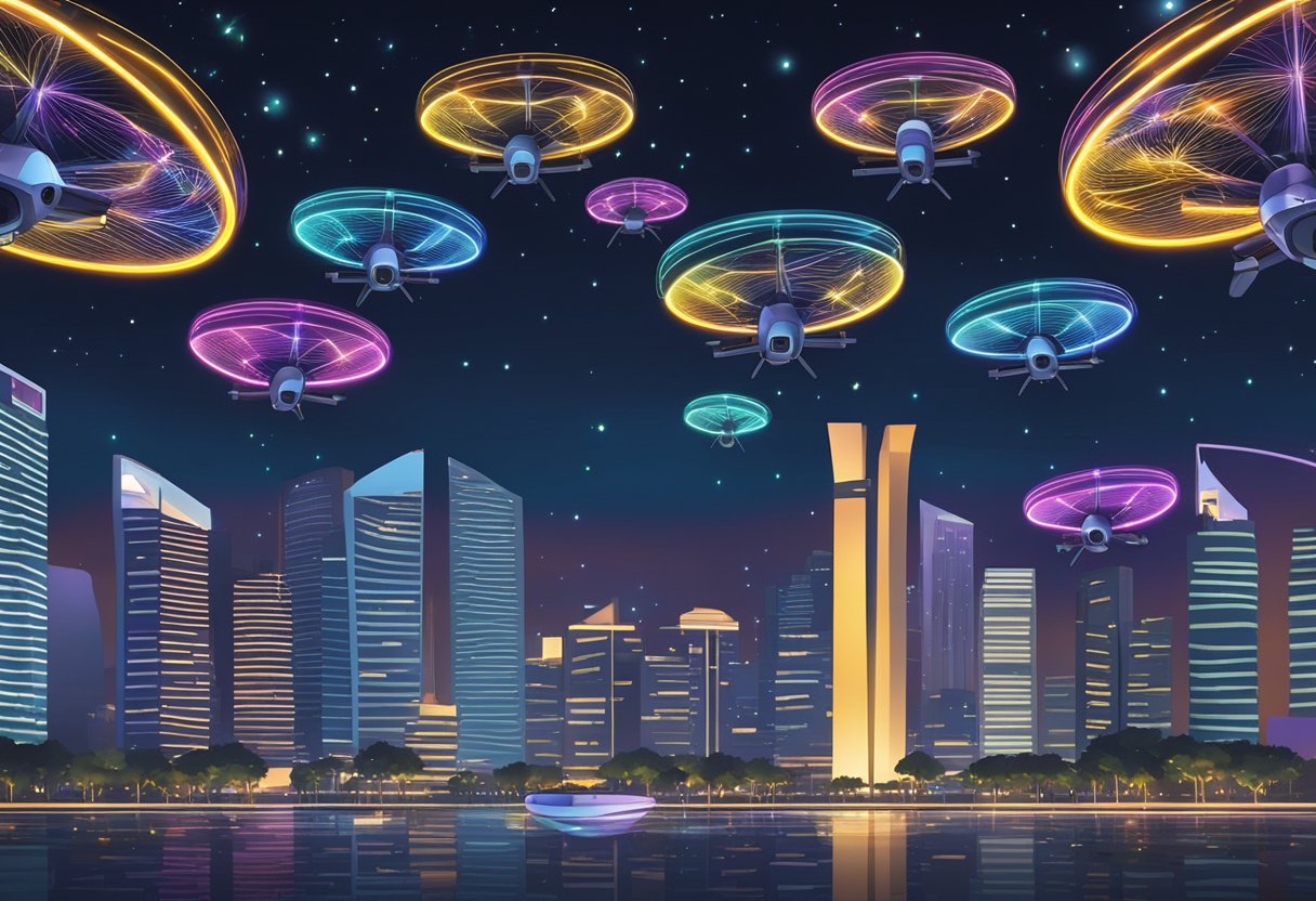 A colorful array of drones fills the night sky above Singapore, creating mesmerizing patterns and formations with synchronized lights and movements