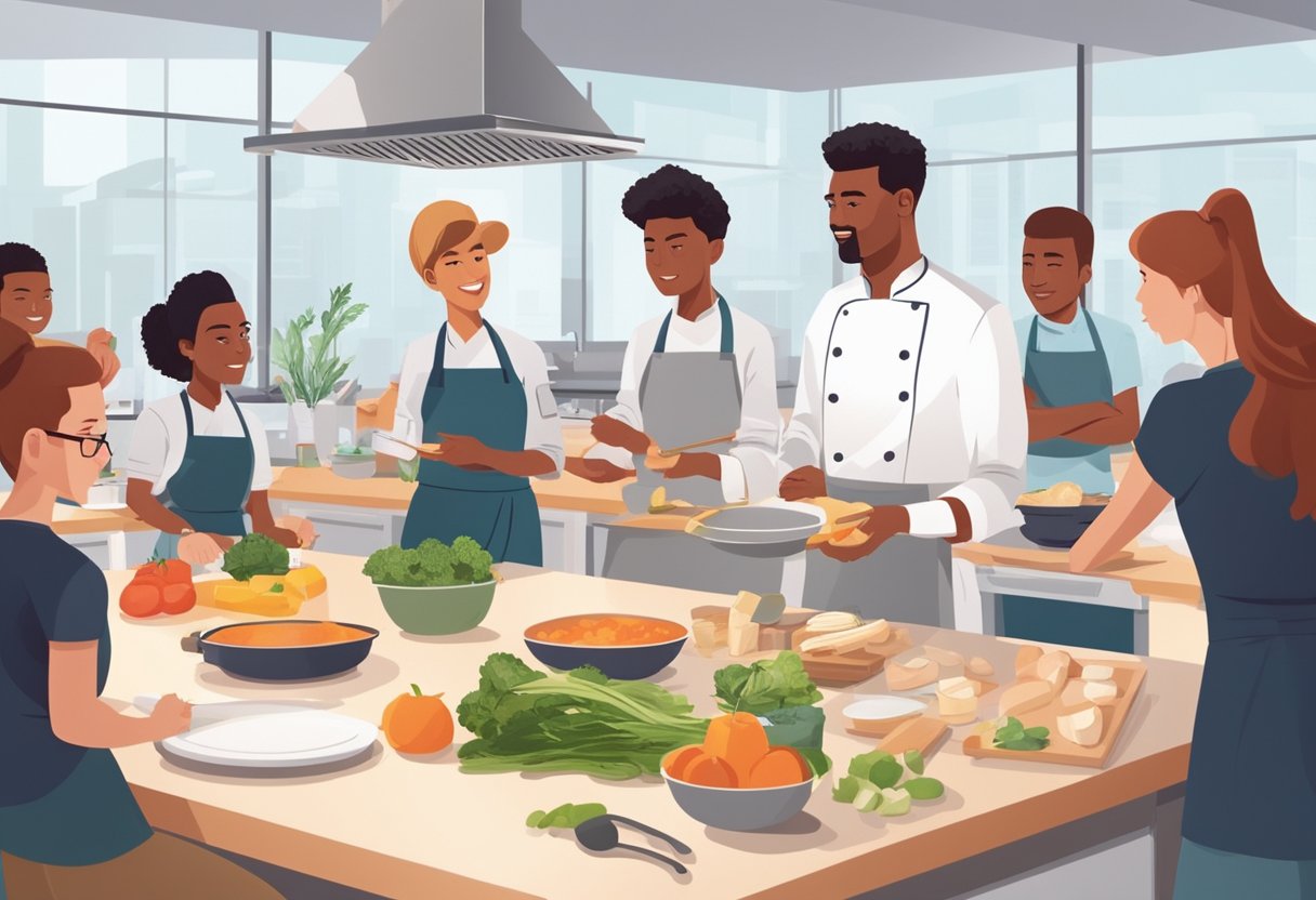 A chef demonstrates cooking techniques to a group of students in a bright, modern kitchen setting. Ingredients and utensils are neatly organized on the counter