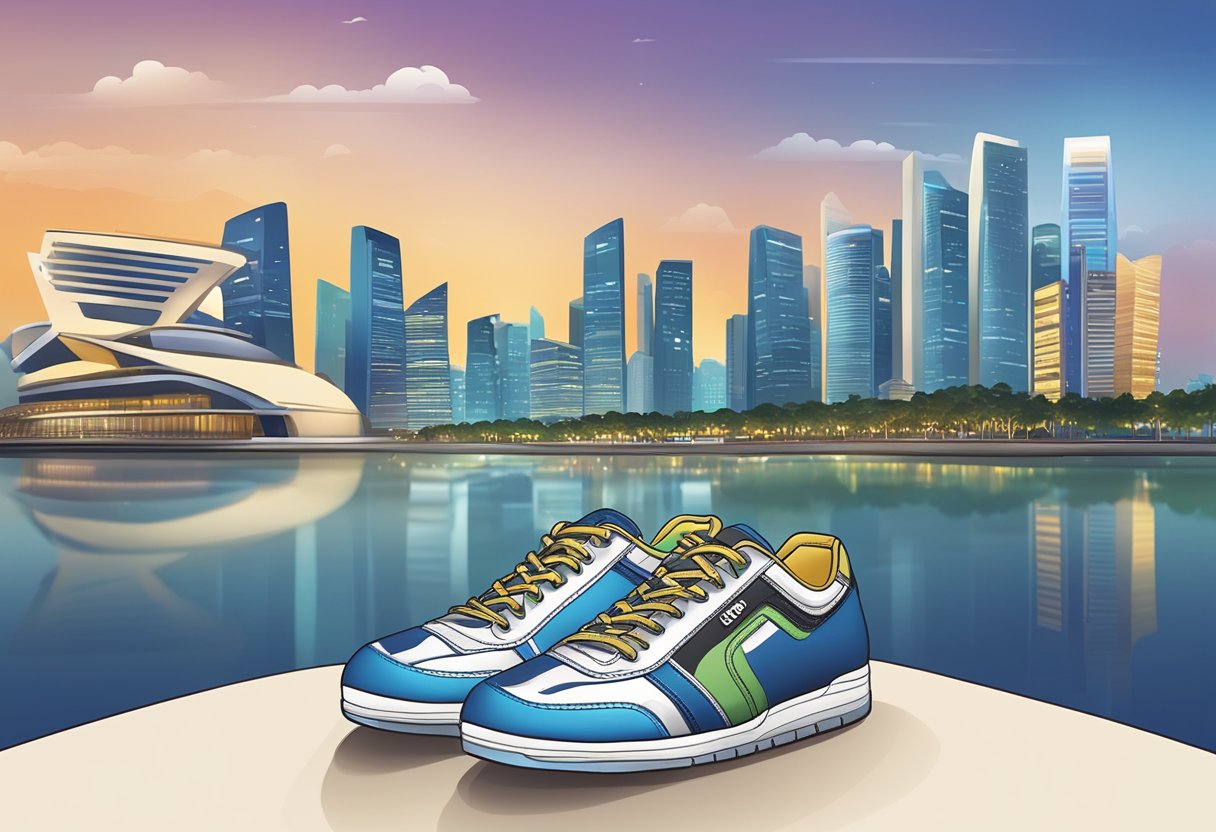 A pair of shoes with a "Frequently Asked Questions" label, set against the backdrop of the Singapore skyline