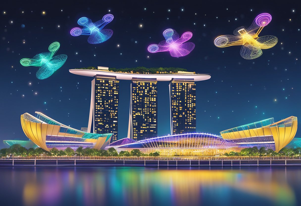 A dazzling display of colorful drones forms intricate patterns in the night sky above Marina Bay Sands in Singapore. The lights dance and twirl, creating a mesmerizing spectacle for onlookers below