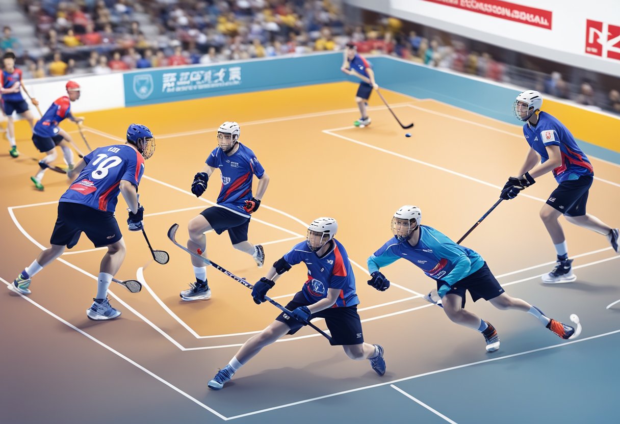 The Singapore Floorball Association logo is displayed prominently, surrounded by players in action on the court