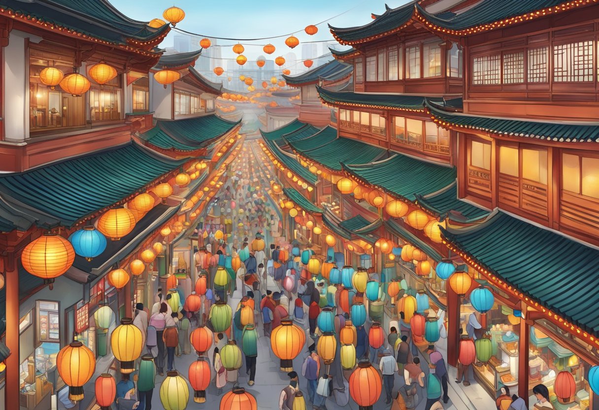 A bustling market with colorful lanterns and traditional Chinese architecture in Singapore