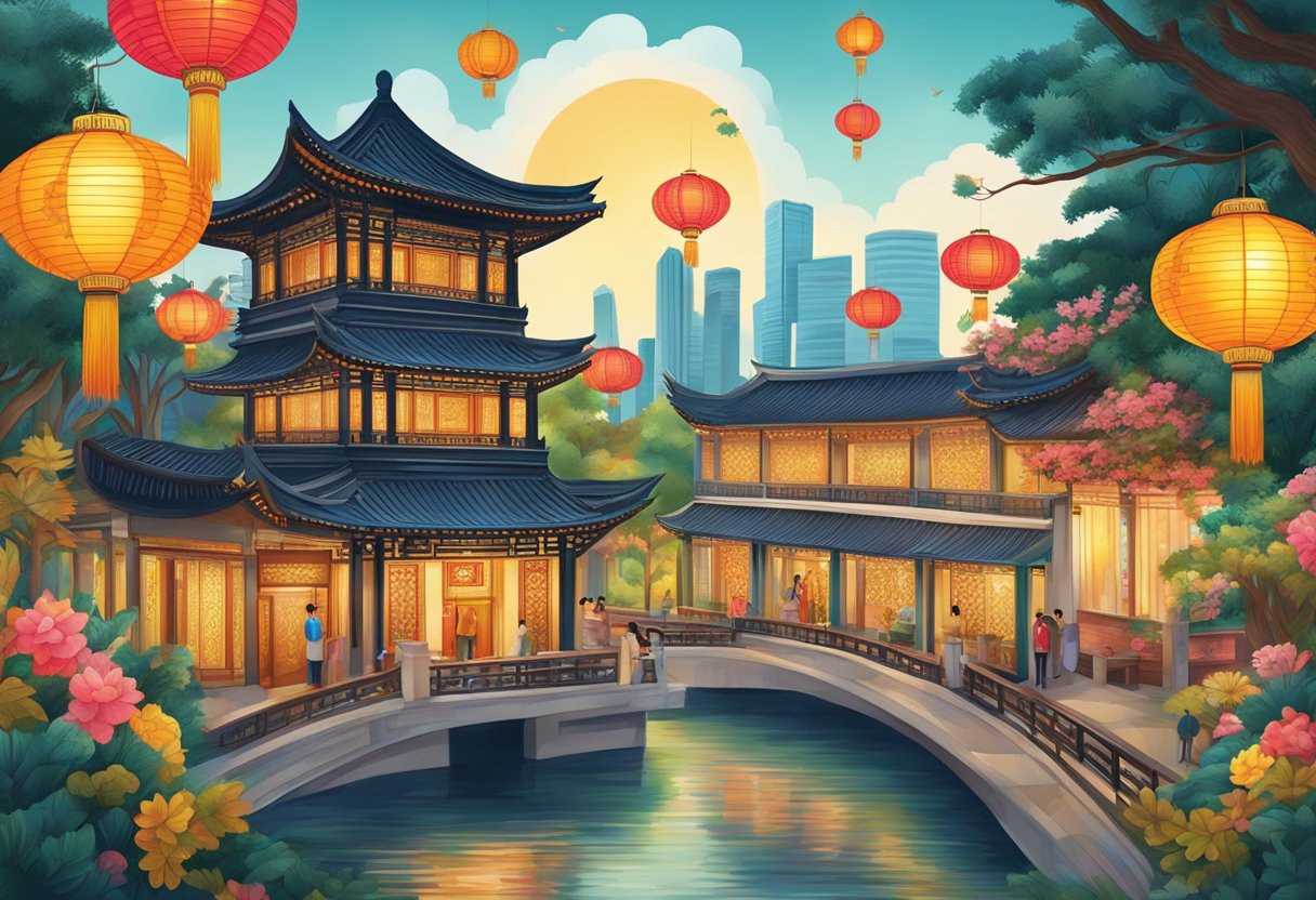 Vibrant colors of Singapore's Chinese cultural tapestry: lanterns, traditional architecture, and intricate patterns