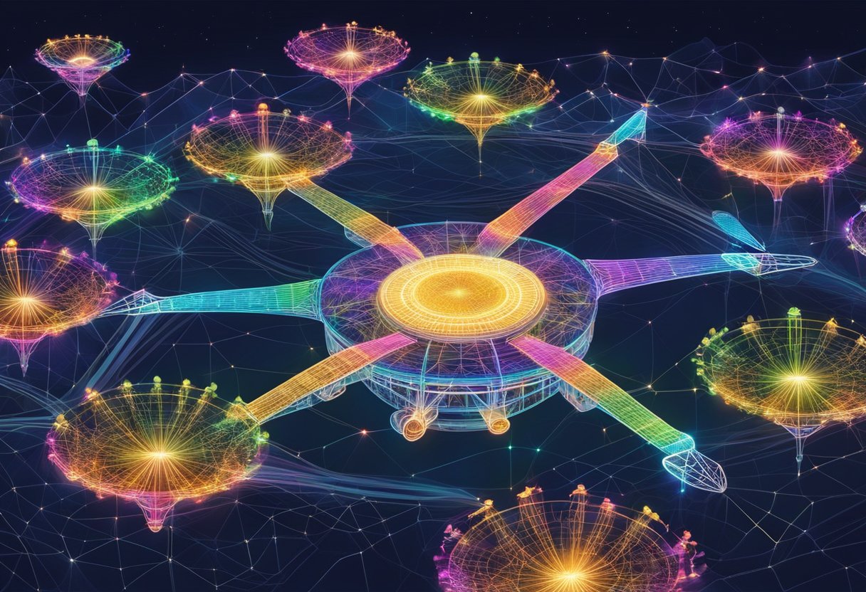 A colorful array of drones form intricate patterns in the night sky over Singapore, mesmerizing the audience with a stunning light show
