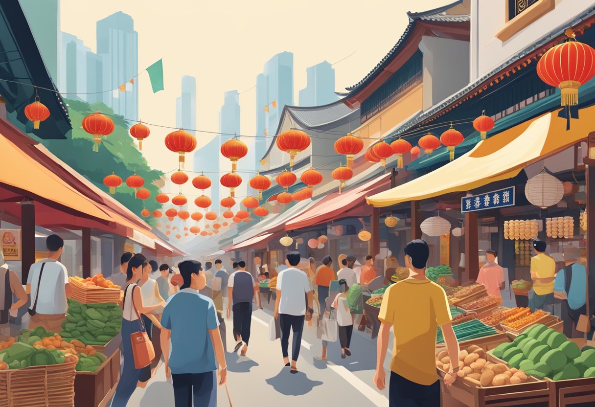 A bustling Singapore Chinatown market, filled with traditional Chinese architecture and vibrant street vendors