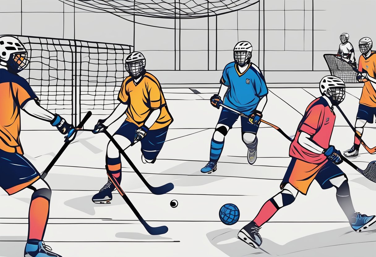 Players compete in a fast-paced floorball match, showcasing skill and teamwork. The Singapore Floorball Association logo is prominently displayed, symbolizing growth and development in the sport