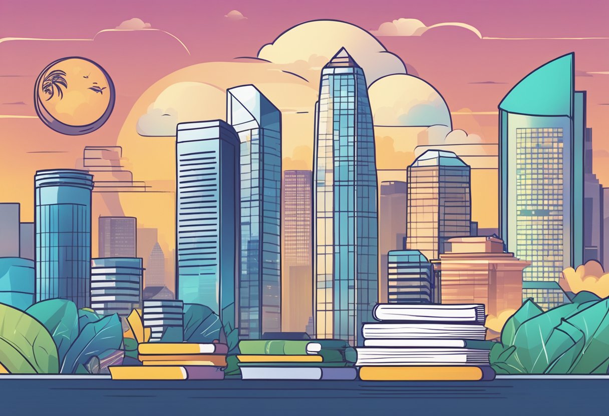 A stack of FAQ papers with "Frequently Asked Questions" in bold, surrounded by Chinese symbols, against a backdrop of the Singapore skyline