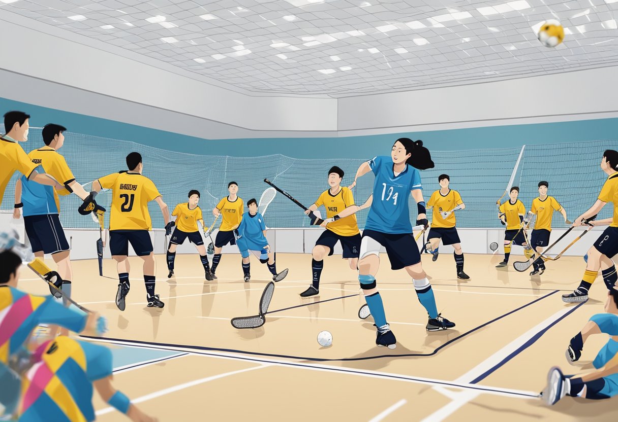 Players in action on a floorball court, surrounded by spectators. A banner with "Frequently Asked Questions Singapore Floorball Association" is displayed prominently