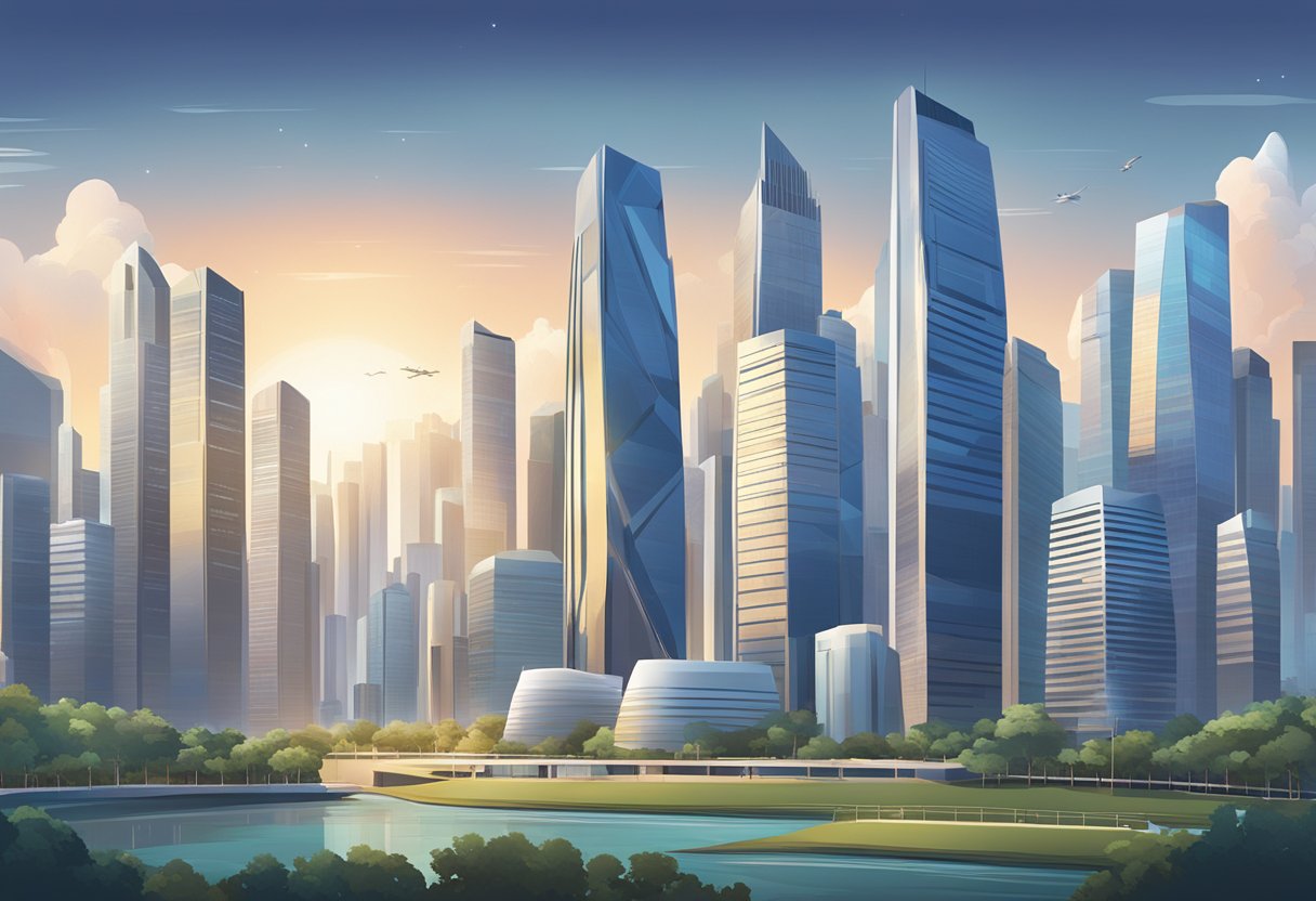 A bustling city skyline with iconic skyscrapers and a futuristic feel, featuring the unique architecture of SRX Singapore