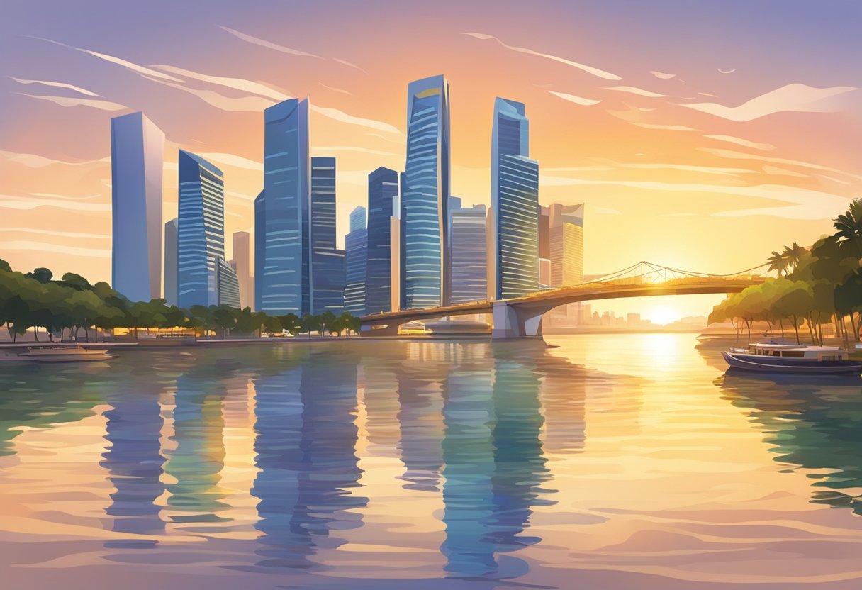 The sun rises over the Singapore skyline, casting a warm glow on the city's iconic landmarks and reflecting off the calm waters of Marina Bay