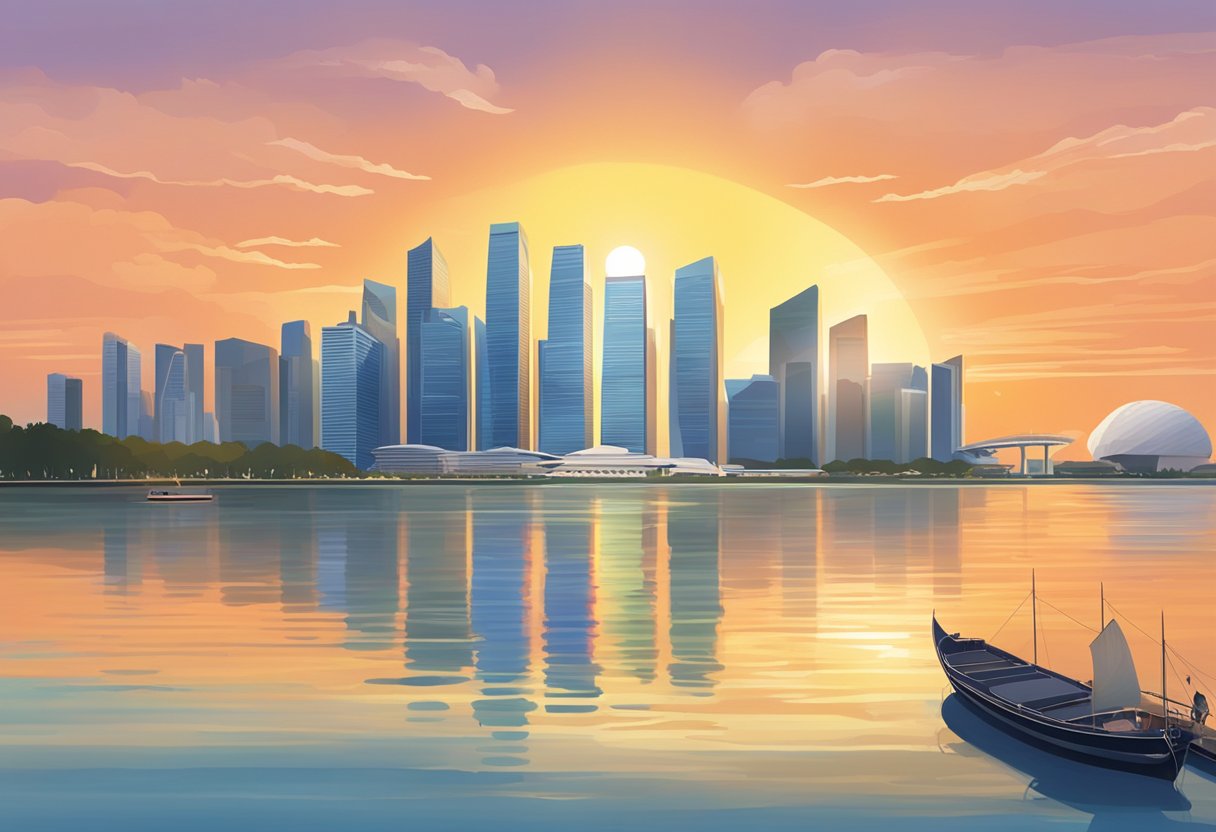 The sun rises over the Singapore skyline, casting a warm glow over the city's iconic landmarks and reflecting off the calm waters of the harbor