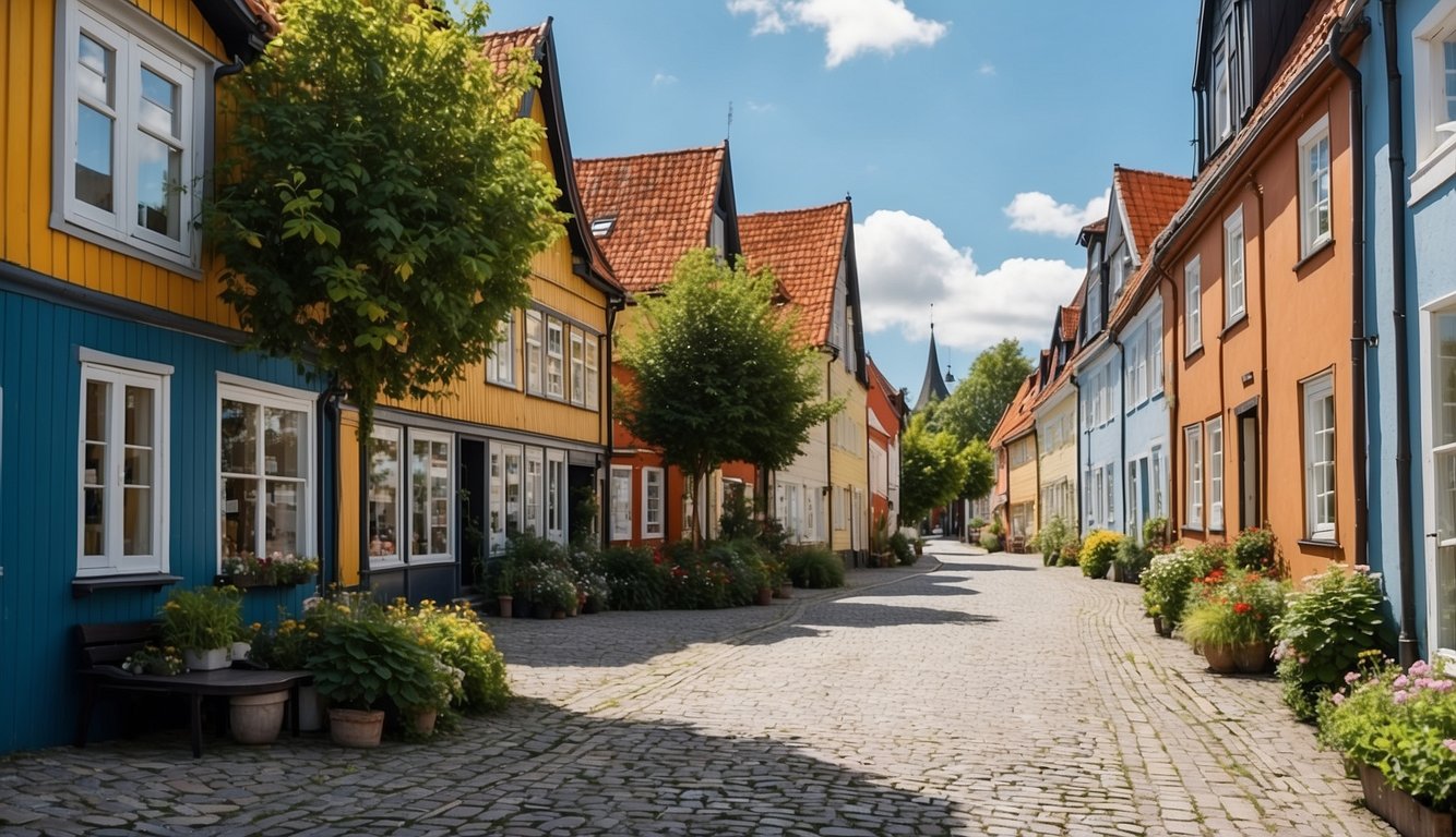 A picturesque street in Hillerød with colorful buildings and cobblestone roads, surrounded by lush greenery and a clear blue sky