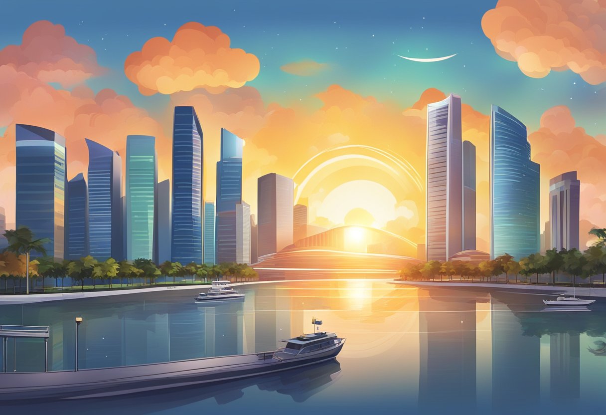 The sun rises over the Singapore skyline, with the sky displaying a mix of colors influenced by astronomical events and weather