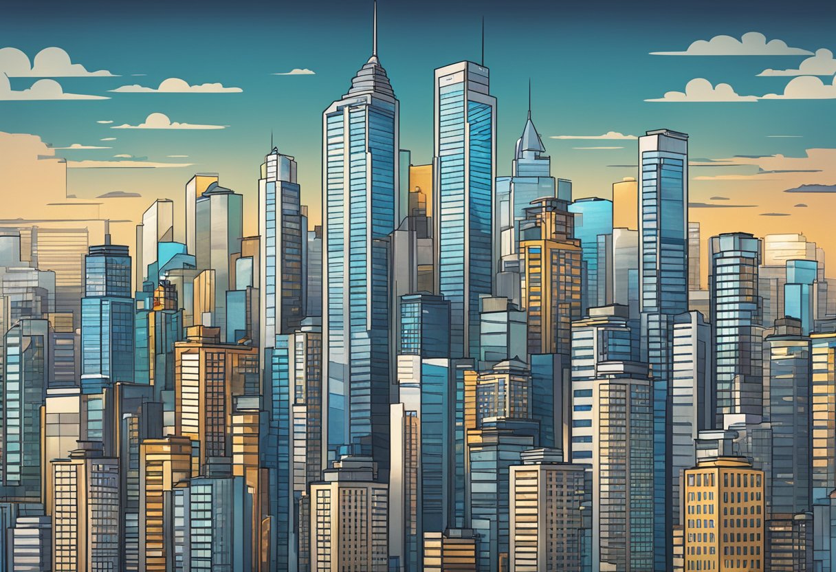 A modern city skyline with SRX Property logo displayed prominently on a high-rise building, surrounded by bustling streets and skyscrapers