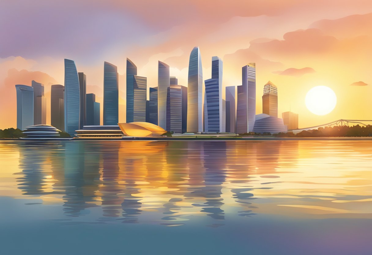 The sun rises over the Singapore skyline, casting a warm glow over the cityscape and reflecting off the calm waters of the harbor
