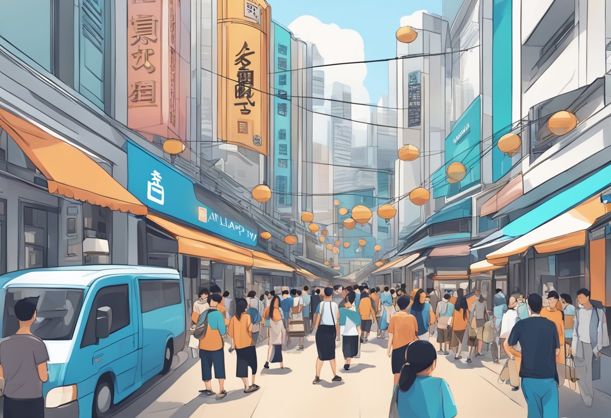 A bustling Singapore street with iconic Alipay signage adorning the storefronts and a diverse crowd of locals and tourists passing by