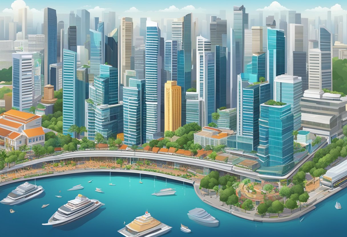The bustling city of Singapore with soaring skyscrapers and bustling streets, amidst a backdrop of vibrant real estate market activity